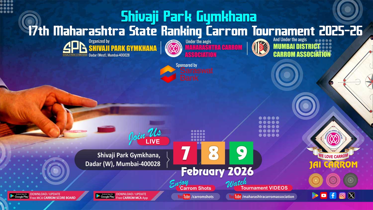 17th Shivaji Park Gymkhana State Ranking Carrom Tournament 2025-26